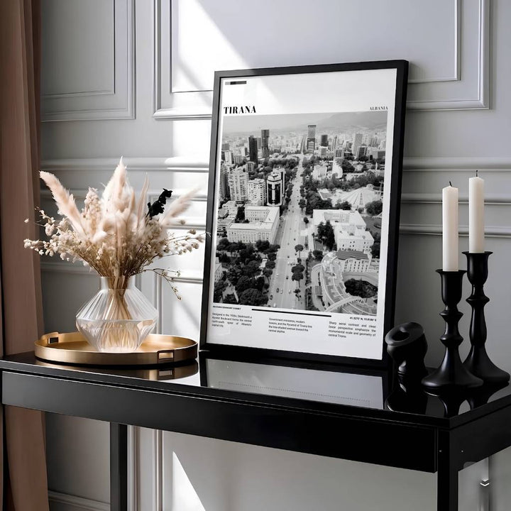 Showcasing the historic boulevard of Tirana Albania through dramatic Black &amp; White photography with geographic coordinates 41.3275° N, 19.8186° E, this travel photo print brings urban heritage home. Available through MapYourDreams with display choices like unframed paper stock, custom frames, and stretched canvas options.