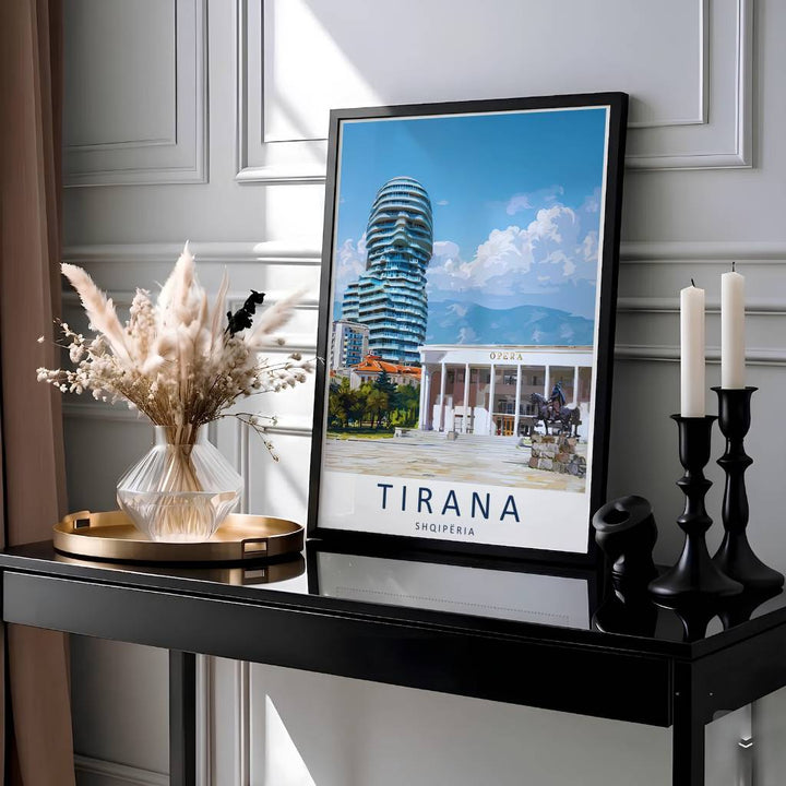 Showcasing the famous Opera House and modern skyscraper architecture of Tirana Albania, this vibrant travel print brings Balkan urban energy home. Available through MapYourDreams with display choices like unframed paper stock, custom frames, and stretched canvas options.