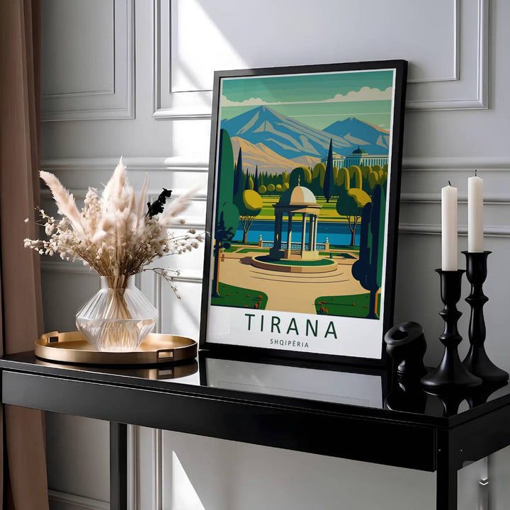 Showcasing the famous lakeside gazebo and parkland panorama of Tirana Albania, this vintage travel print brings peaceful Balkan nature home. Available through MapYourDreams with display choices like unframed paper stock, custom frames, and stretched canvas options.