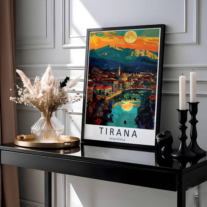 Showcasing the majestic clock tower and Mount Dajti sunset panorama of Tirana Albania, this fine art travel print brings warm Balkan evening energy home. Available through MapYourDreams with display choices like unframed paper stock, custom frames, and stretched canvas options.