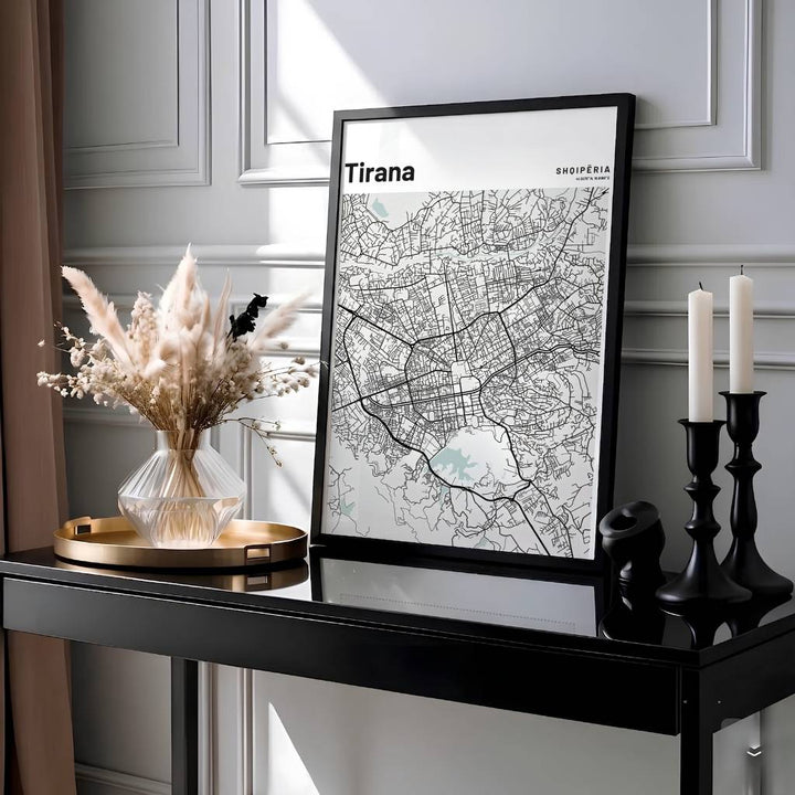 Showcasing the historical geography, urban layout, and lake features of Tirana and the surrounding Albanian capital region, this neutral wall art print brings sleek modern minimalism home. Available through MapYourDreams, customers can choose unframed prints, ready-to-hang wooden frames, or gallery-wrapped canvas.