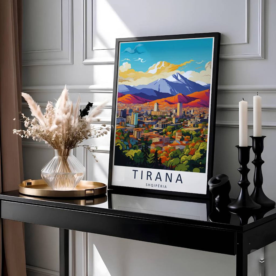 Showcasing the famous capital skyline and Mount Dajti sunset panorama of Tirana Albania, this vintage travel print brings Balkan alpine energy home. Available through MapYourDreams with display choices like unframed paper stock, custom frames, and stretched canvas options.