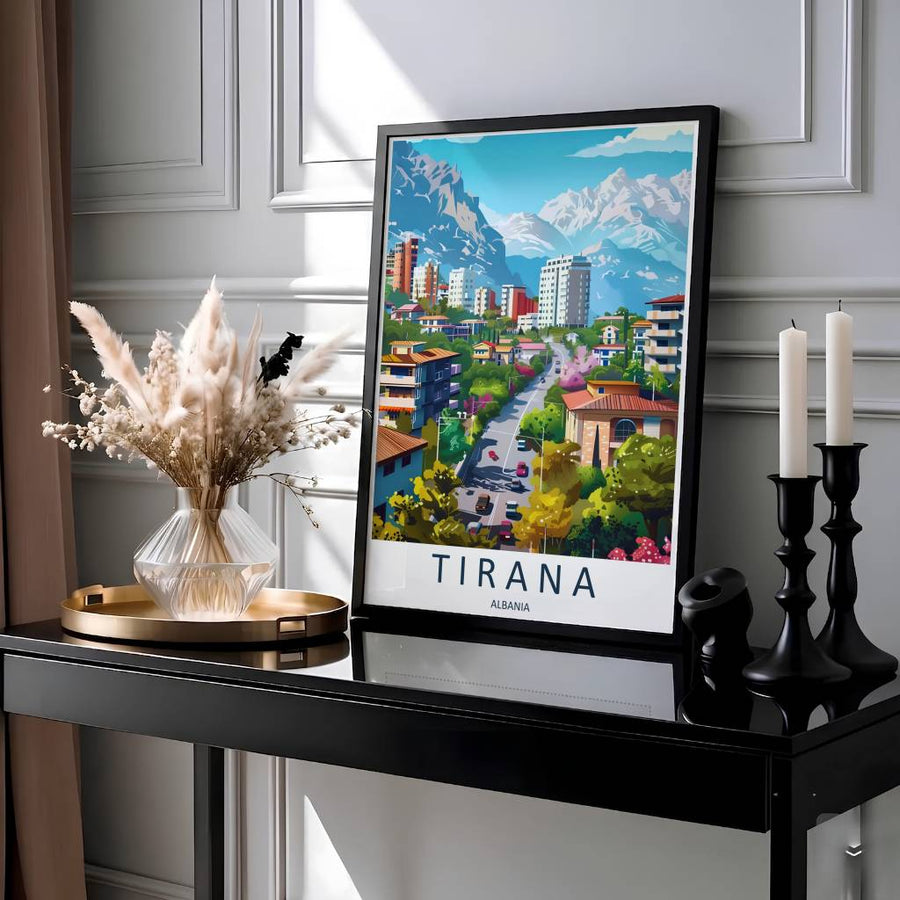 Showcasing the charming street avenue and alpine peak panorama of Tirana Albania, this vintage travel print brings refreshing Balkan mountain energy home. Available through MapYourDreams with display choices like unframed paper stock, custom frames, and stretched canvas options.