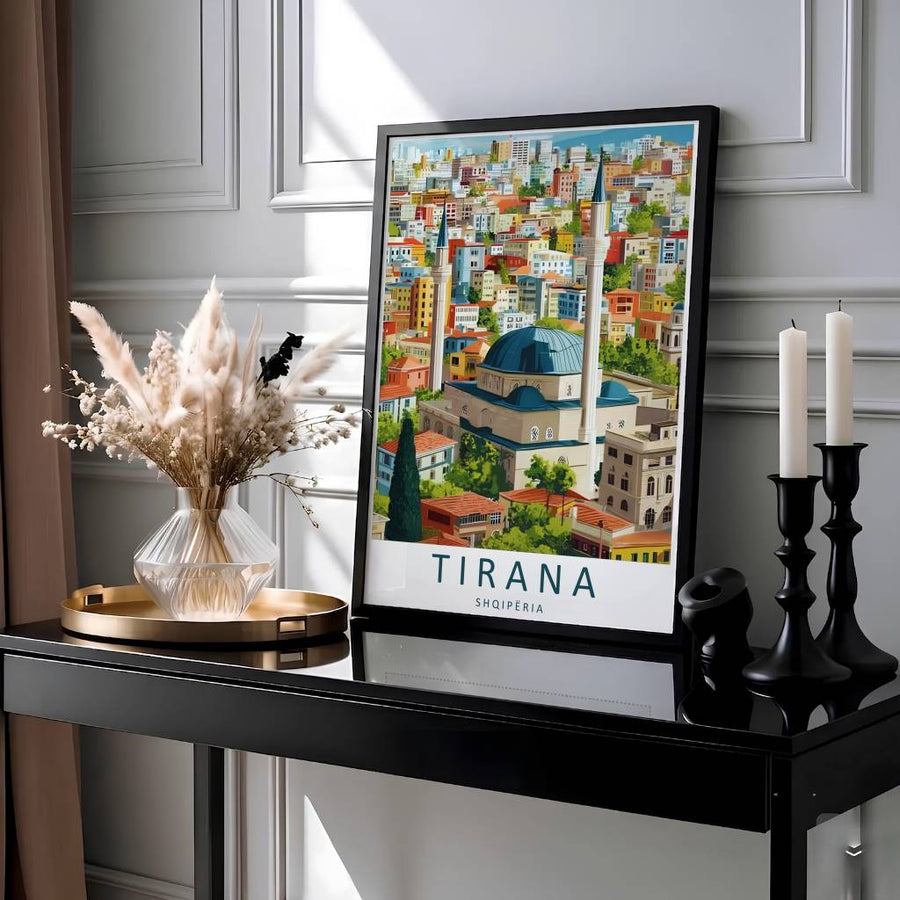 Showcasing the famous Great Mosque and urban panorama of Tirana Albania, this vibrant vector travel print brings Balkan architectural heritage home. Available through MapYourDreams with display choices like unframed paper stock, custom frames, and stretched canvas options.