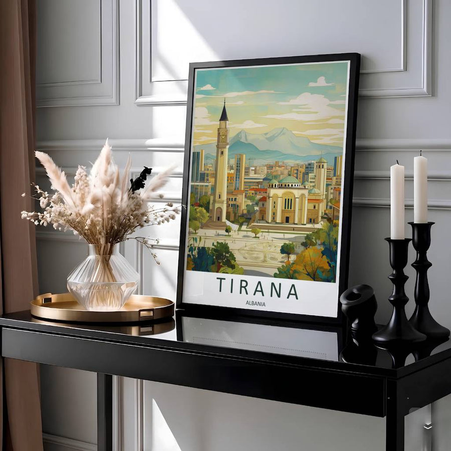 Showcasing the famous Resurrection Cathedral and urban panorama of Tirana Albania, this vibrant retro travel print brings Balkan sacred architectural heritage home. Available through MapYourDreams with display choices like unframed paper stock, custom frames, and stretched canvas options.