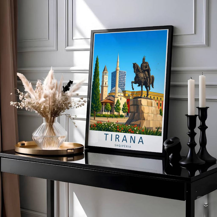 Showcasing the famous Skanderbeg Monument and Clock Tower panorama of Tirana Albania, this vibrant vector travel print brings Balkan historical heritage home. Available through MapYourDreams with display choices like unframed paper stock, custom frames, and stretched canvas options.