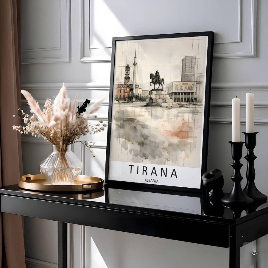 Showcasing the historic square and architectural sketch composition of Tirana Albania, this fine art print brings technical drafting beauty home. Available through MapYourDreams with display choices like unframed paper stock, custom frames, and stretched canvas options.