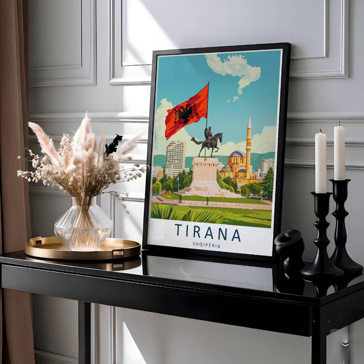 Showcasing the famous national flag monument and urban panorama of Tirana Albania, this vibrant vector travel print brings Balkan historical heritage home. Available through MapYourDreams with display choices like unframed paper stock, custom frames, and stretched canvas options.