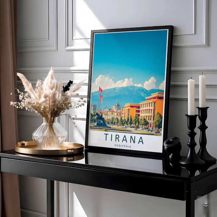 Showcasing the famous Skanderbeg Square and Dajti mountain panorama of Tirana Albania, this vibrant vector travel print brings Balkan geographical heritage home. Available through MapYourDreams with display choices like unframed paper stock, custom frames, and stretched canvas options.