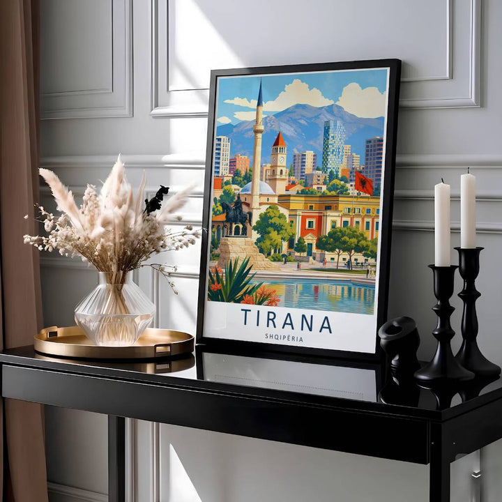 Showcasing the famous Skanderbeg Square and historic clock tower panorama of Tirana Albania, this vintage travel print brings Balkan cultural heritage home. Available through MapYourDreams with display choices like unframed paper stock, custom frames, and stretched canvas options.