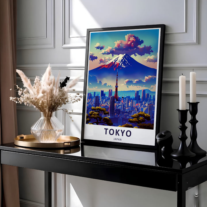 Japanese landscape wall decor depicting snow-capped Mount Fuji looming majestically behind the Tokyo skyline. Offered by MapYourDreams, this artwork is available in flexible options including unframed paper, custom wooden frames, and gallery canvas wraps for high quality display.