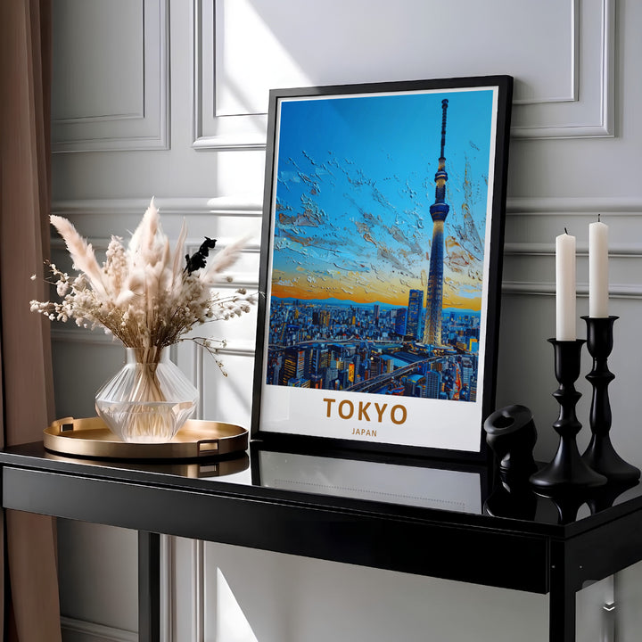 Japanese architectural wall decor depicting the majestic Tokyo Skytree tower rising above a dense metropolis. Offered by MapYourDreams, this artwork is available in flexible options including unframed paper, custom wooden frames, and gallery canvas wraps for high quality display.
