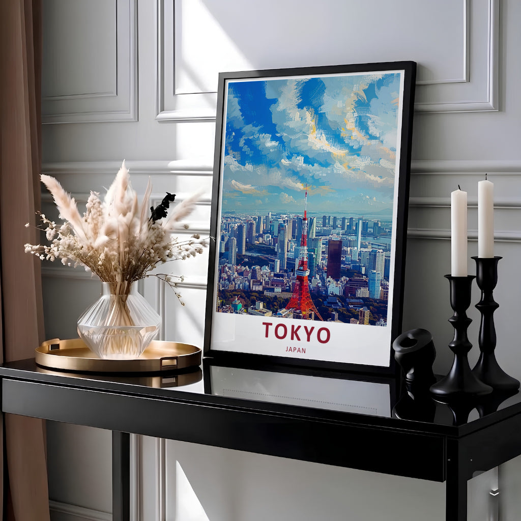 Detailed city print of Tokyo Japan showing the urban skyline grid under a bright blue and gold painted sky. Offered by MapYourDreams, this artwork is available in flexible options including unframed paper, custom wooden frames, and gallery canvas wraps for modern spaces.