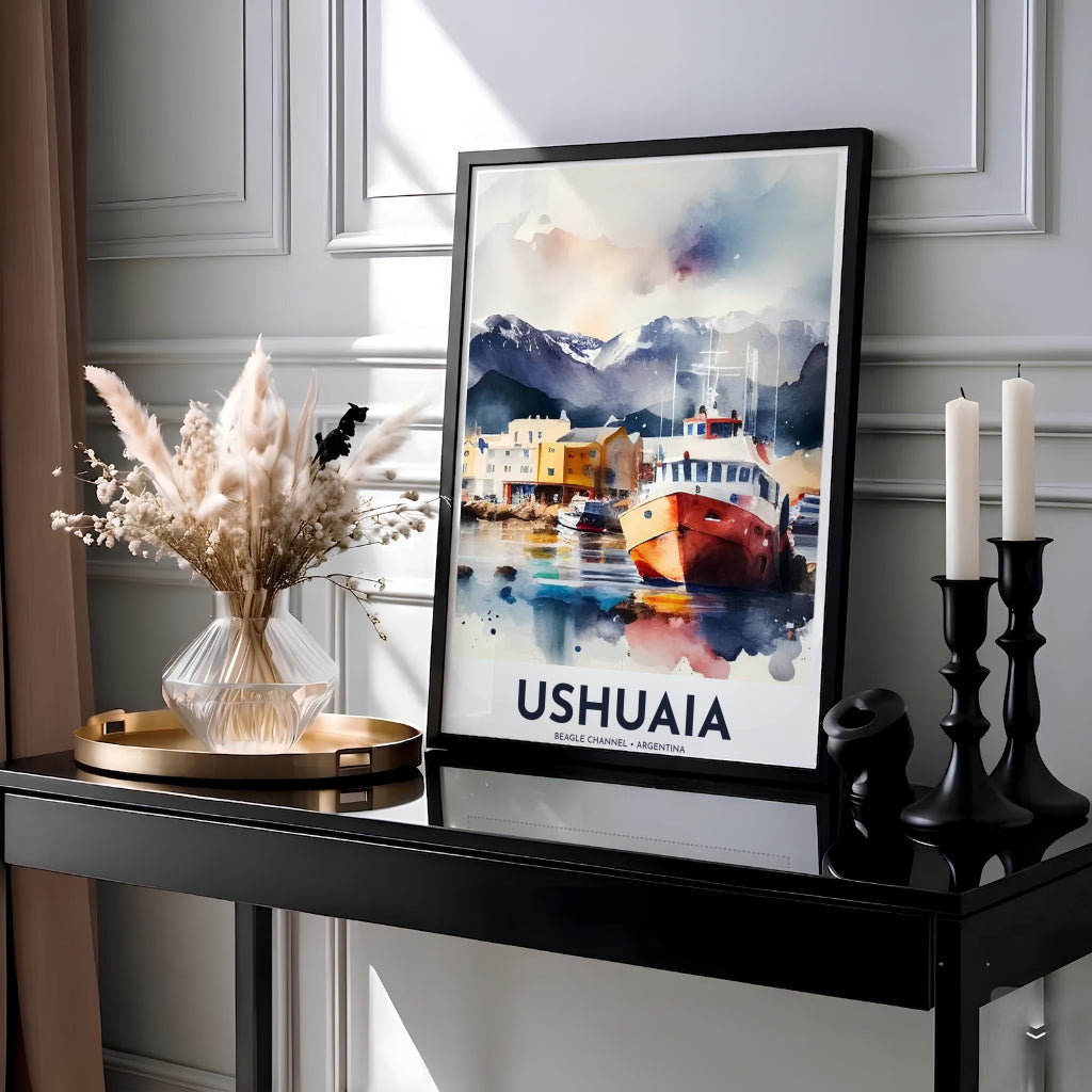 Showcasing the southernmost city in South America, this Ushuaia port wall art features a delicate watercolor painting of harbor ships and icy alpine peaks, designed by MapYourDreams across versatile formats including unframed paper, custom frames, and canvas wraps.