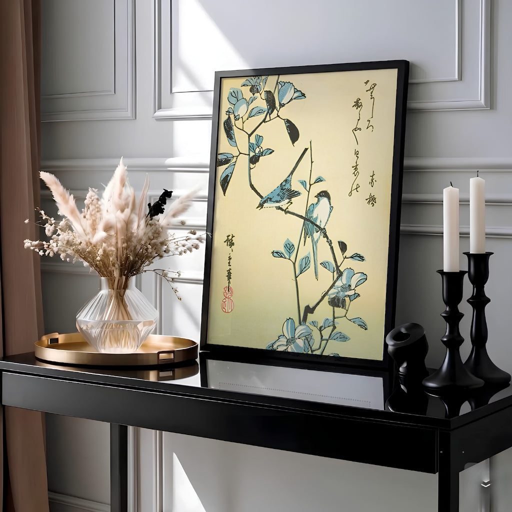 Detailed Japanese nature print Birds Flowering Branch by artist Utagawa Hiroshige showcasing songbirds resting on a blooming branch in Edo Botanical Garden. MapYourDreams offers fine art framed, unframed, and canvas print options.