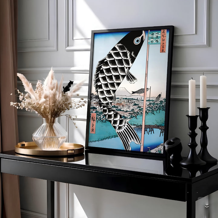 Vibrant Koinobori woodblock print Giant Carp Streamer by artist Utagawa Hiroshige inspired by 1857 views in Mount Fuji Suidō Bridge for living room wall decor. Select custom framed, unframed poster, or gallery canvas choices at MapYourDreams.
