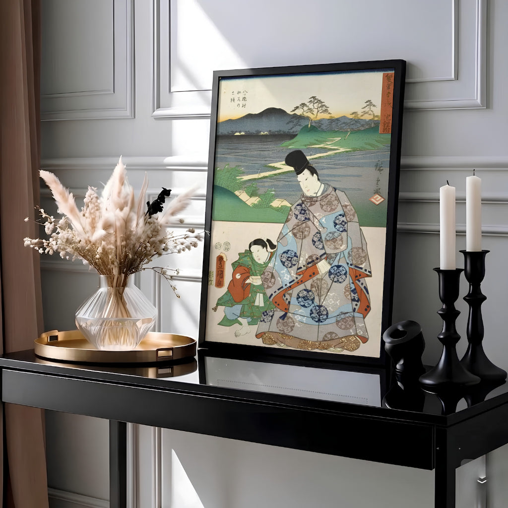 Vintage Japanese travel woodblock poster Chiryu Yatsuhashi by artist Utagawa Kunisada and Utagawa Hiroshige displaying iris bridge landscape at Chiryu Post Station and Yatsuhashi Bridge. Available as unframed prints, gallery canvas, or framed wall decor at MapYourDreams.