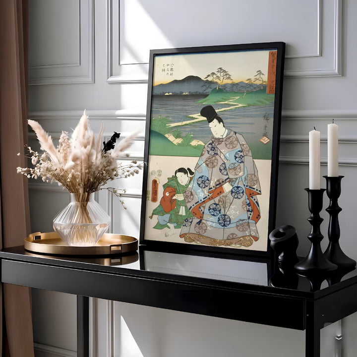 Vintage Japanese travel woodblock poster Chiryu Yatsuhashi by artist Utagawa Kunisada and Utagawa Hiroshige displaying iris bridge landscape at Chiryu Post Station and Yatsuhashi Bridge. Available as unframed prints, gallery canvas, or framed wall decor at MapYourDreams.