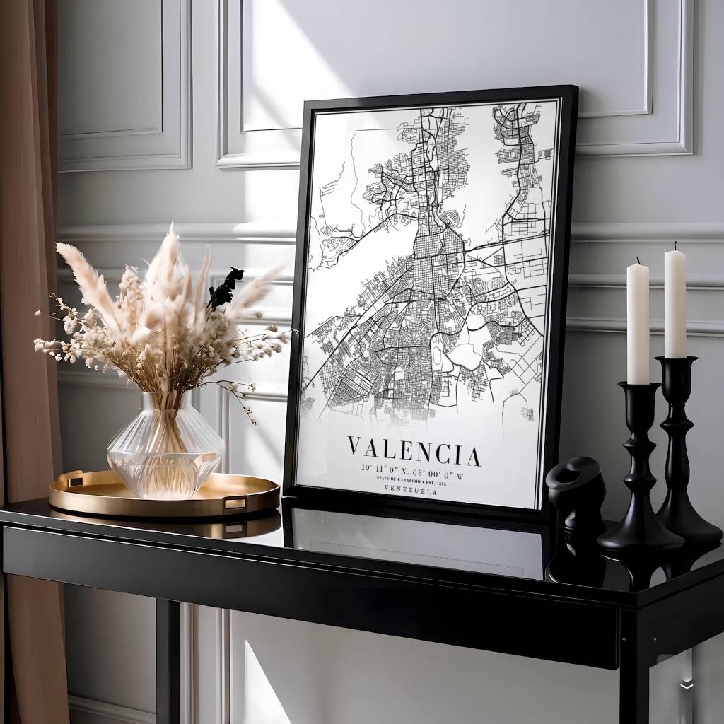 High-resolution urban map print illustrating the road layout and neighborhood blocks of Valencia on a clean white background. Produced by MapYourDreams, you can order this design on fine art paper, mounted in protective frames, or as a canvas display.