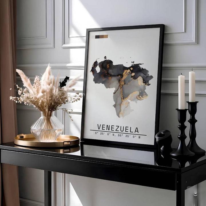 Luxurious abstract alcohol ink map poster of Venezuela showcasing metallic gold splatters, smoky slate gradients, and clean coordinate typography. Presented by MapYourDreams, this piece comes in flexible choices such as unframed paper stock, custom frames, and gallery canvas wraps.
