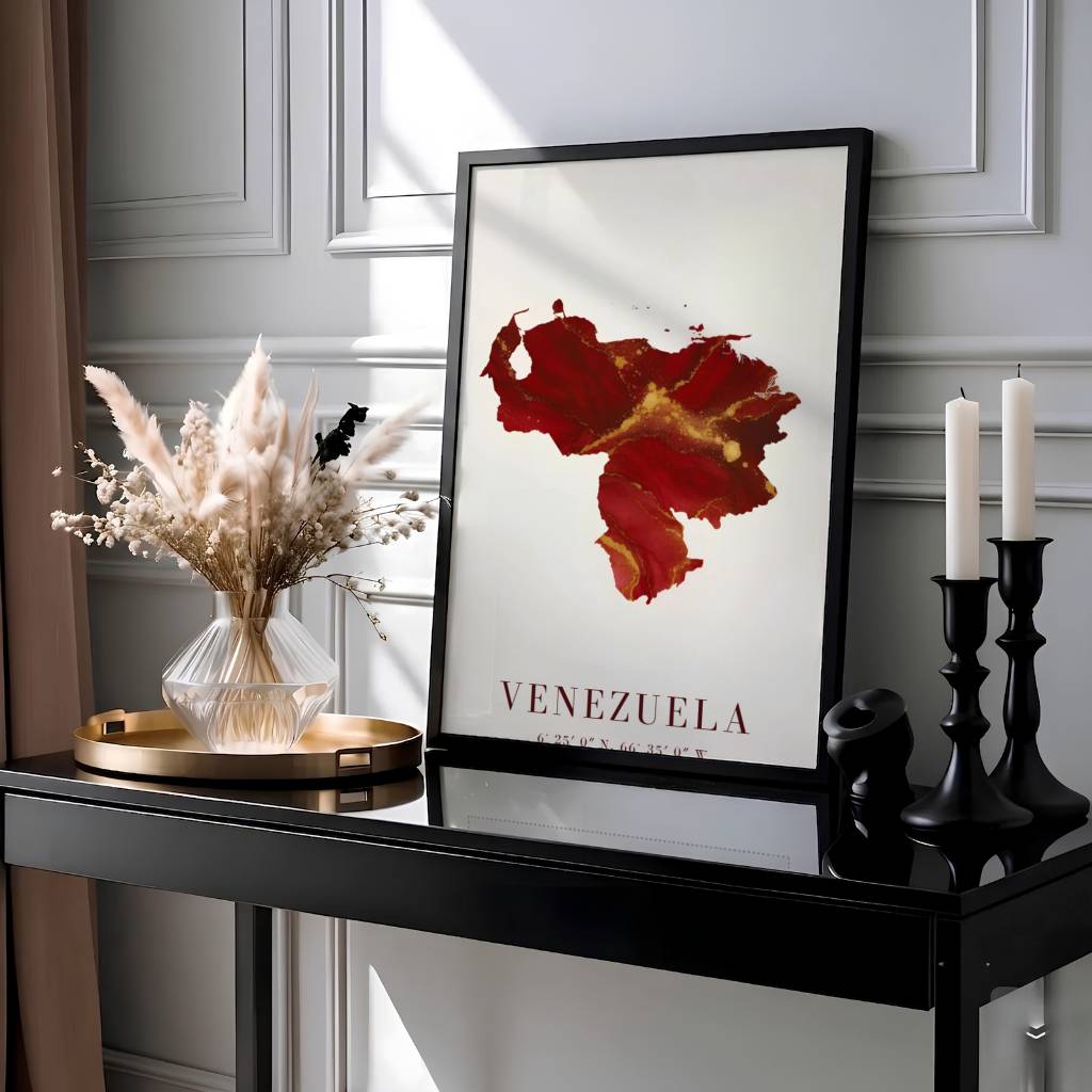 Luxurious abstract alcohol ink map poster of Venezuela showcasing metallic gold splatters, burgundy gradients, and clean coordinate typography. Presented by MapYourDreams, this piece comes in flexible choices such as unframed paper stock, custom frames, and gallery canvas wraps.