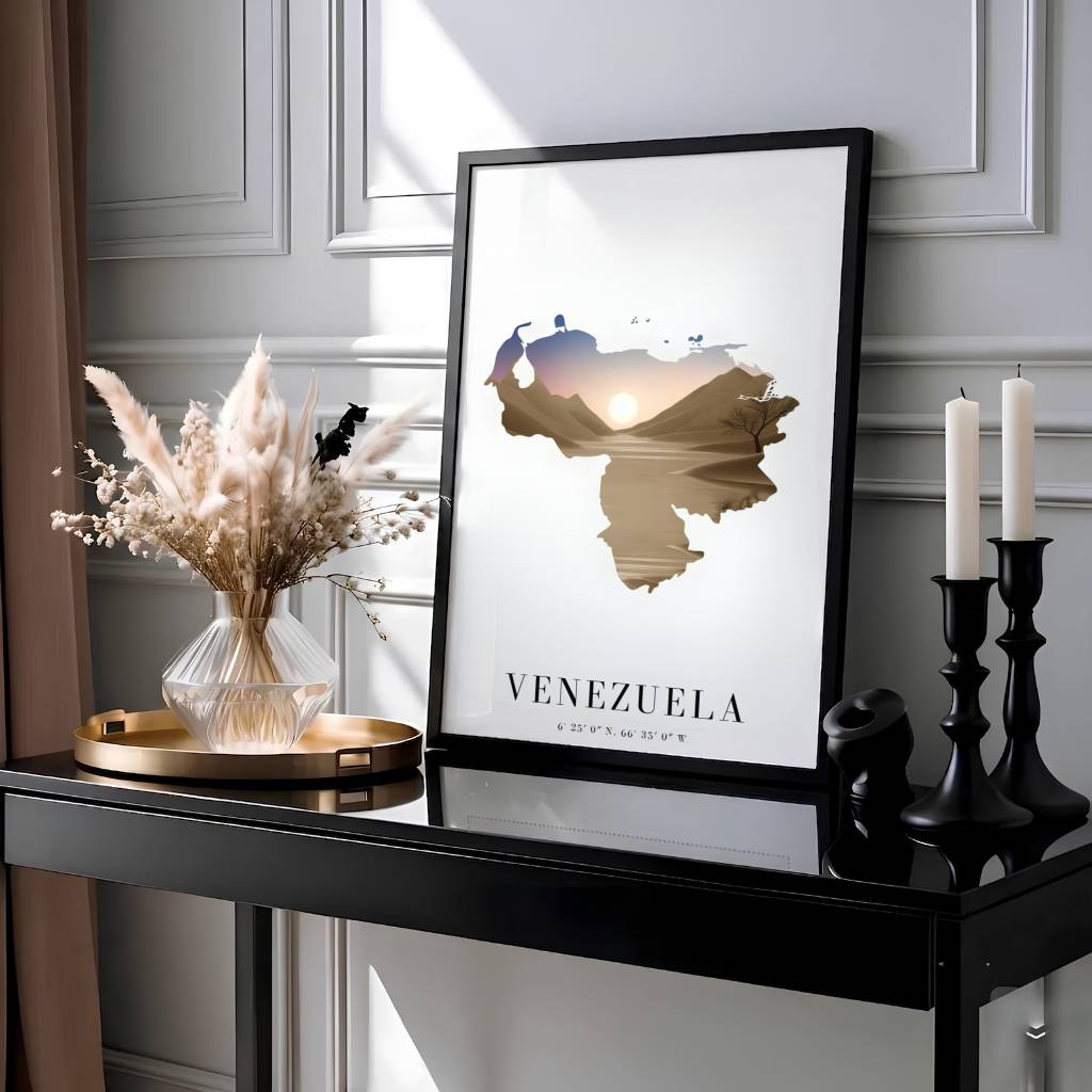 Double-exposure country map poster of Venezuela showcasing warm sandy beige, golden amber, and soft periwinkle sunset gradients. Presented by MapYourDreams, this piece comes in flexible choices such as unframed paper stock, custom frames, and gallery canvas wraps.