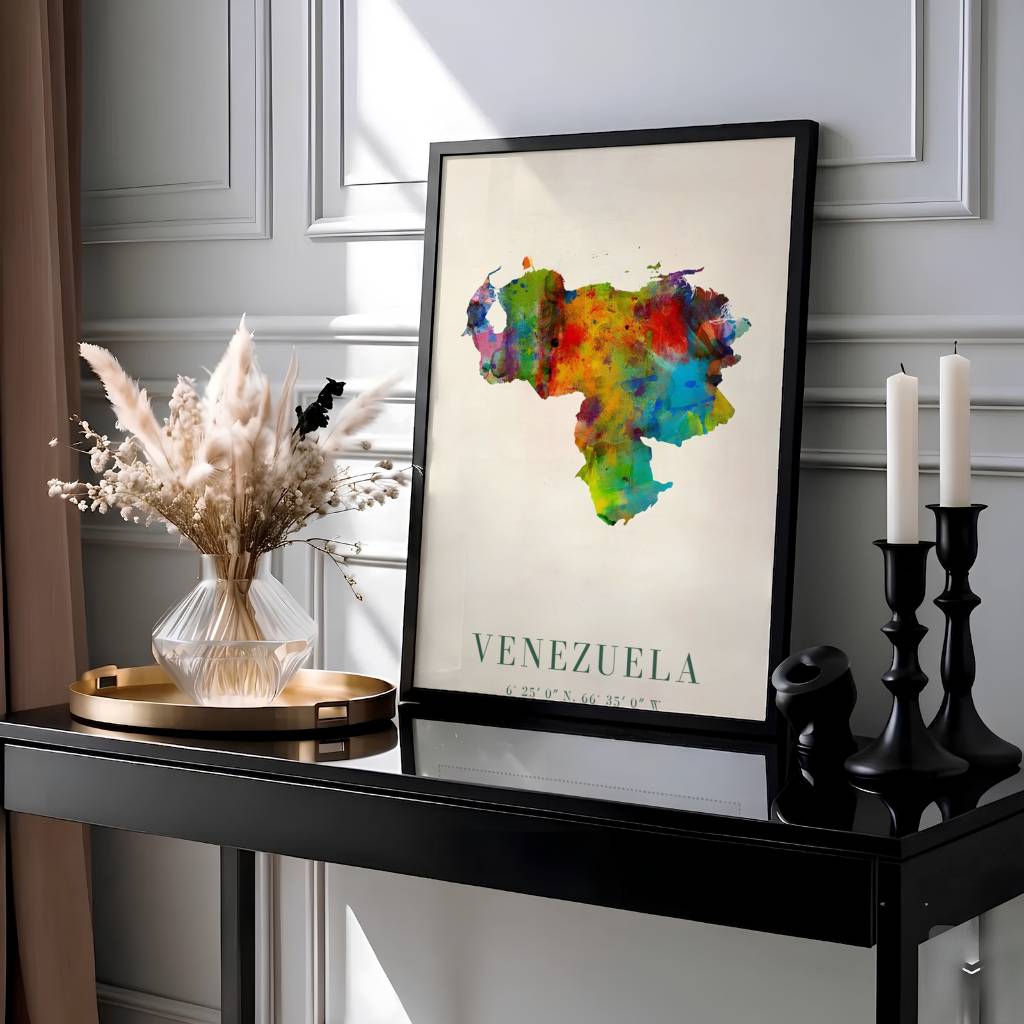 Expressive watercolor travel poster of Venezuela showcasing vibrant yellow, red, blue, green, and magenta paint splatters. Presented by MapYourDreams, this piece comes in flexible choices such as unframed paper stock, custom frames, and gallery canvas wraps.