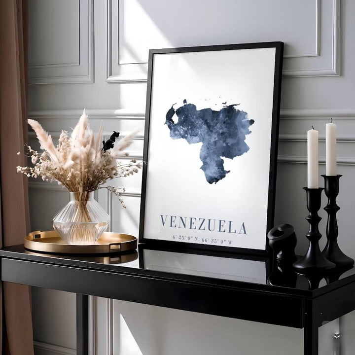 High-contrast navy blue, slate indigo, and white wall art showing the watercolor map silhouette of Venezuela. Curated by MapYourDreams, this wall piece offers customizable choices such as archival paper prints, real wood frames, or canvas wraps.