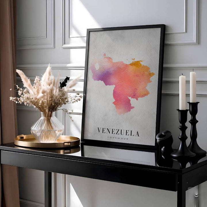 Detailed geography artwork representing the country shape and official national coordinates of Venezuela in a colorful sunset watercolor style. Brought to you by MapYourDreams, this item can be ordered on archival paper, in custom wooden frames, or wrapped on canvas.