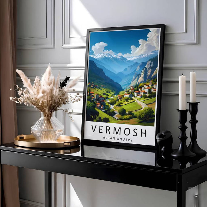 Showcasing the remote mountain beauty and alpine village panorama of Vermosh Albania, this vibrant vector travel print brings Balkan highland heritage home. Available through MapYourDreams with display choices like unframed paper stock, custom frames, and stretched canvas options.