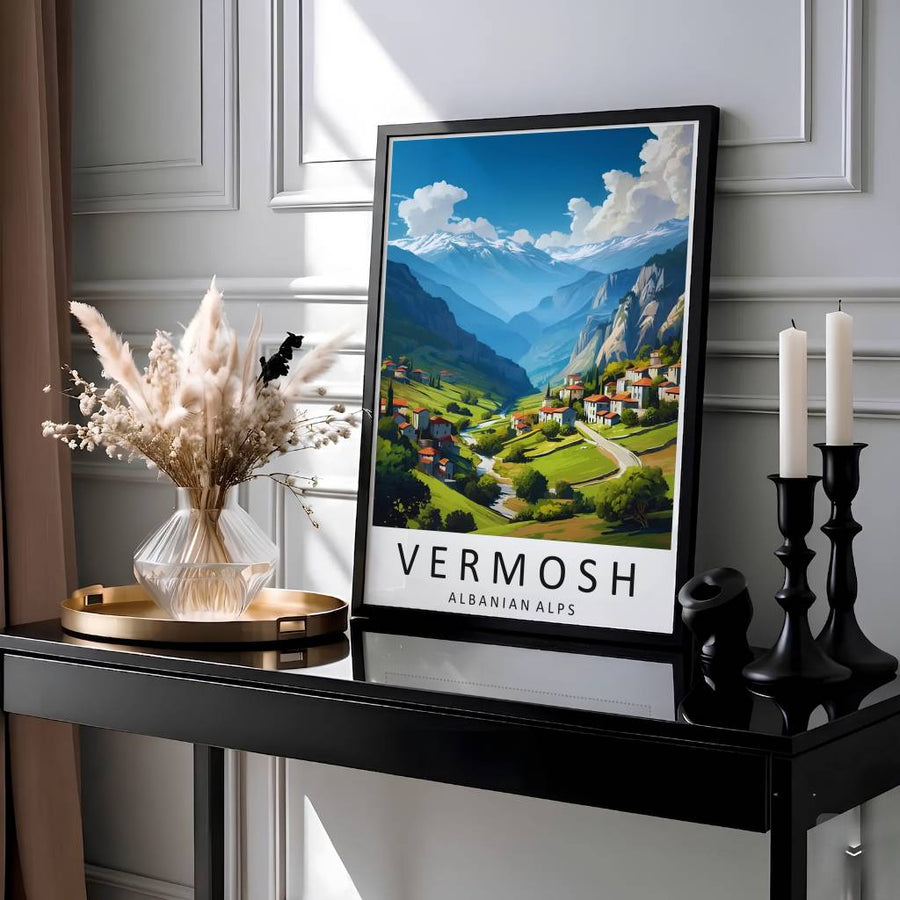 Showcasing the remote mountain beauty and alpine village panorama of Vermosh Albania, this vibrant vector travel print brings Balkan highland heritage home. Available through MapYourDreams with display choices like unframed paper stock, custom frames, and stretched canvas options.
