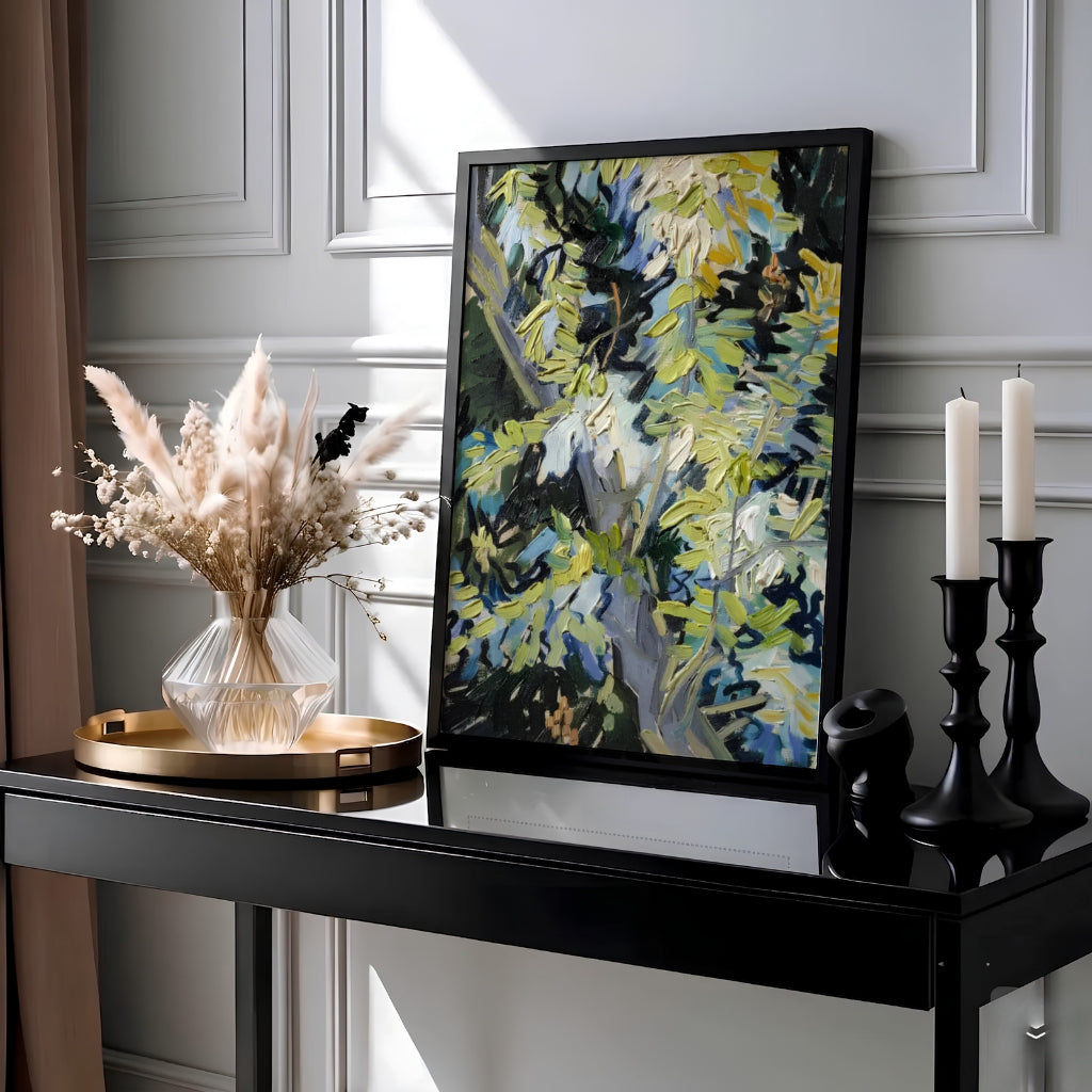 Post-impressionist nature wall decor print of Vincent van Gogh Blossoming Acacia Branches 1890 created in Auvers-sur-Oise France. MapYourDreams offers elegant framed prints, unframed options, and stretched canvas art prints that bring spring greenery into modern home nooks and office spaces.