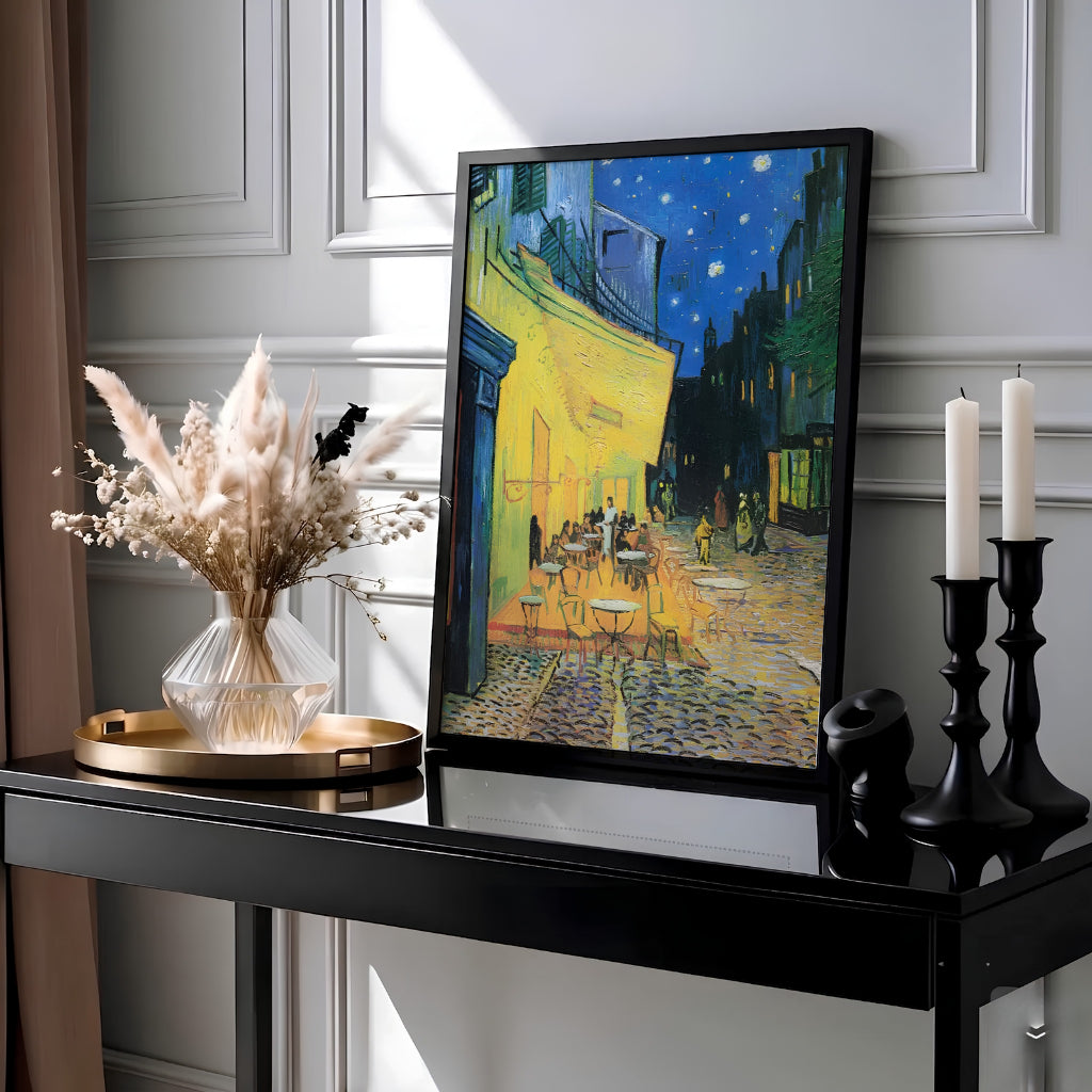 Historic oil painting poster of Vincent van Gogh Cafe Terrace at Night 1888 showing cobblestone streets and starry skies on Place du Forum in Arles France. Choose an unframed fine art paper print, a textured gallery stretched canvas print, or custom framed wall decor directly from MapYourDreams.