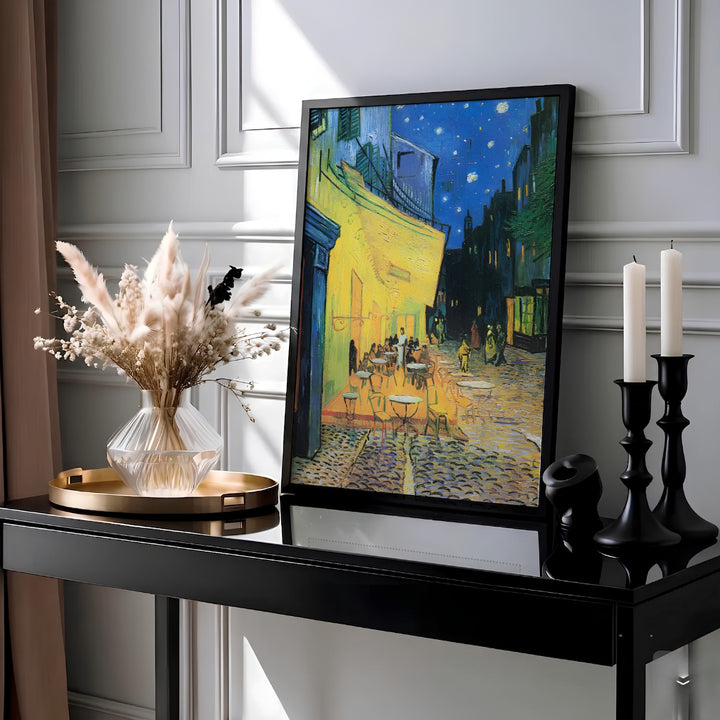 Historic oil painting poster of Vincent van Gogh Cafe Terrace at Night 1888 showing cobblestone streets and starry skies on Place du Forum in Arles France. Choose an unframed fine art paper print, a textured gallery stretched canvas print, or custom framed wall decor directly from MapYourDreams.
