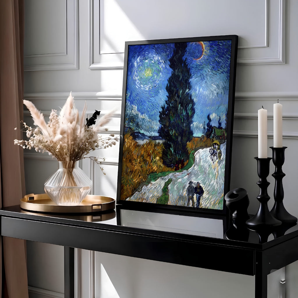Post-impressionist landscape wall decor print of Vincent van Gogh Country Road in Provence by Night 1890 capturing a crescent moon and star in Saint-Rémy-de-Provence France. MapYourDreams offers elegant framed prints, unframed options, and stretched canvas art prints for home interior setups.