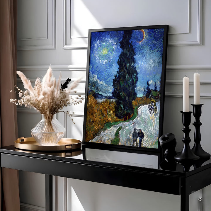 Post-impressionist landscape wall decor print of Vincent van Gogh Country Road in Provence by Night 1890 capturing a crescent moon and star in Saint-Rémy-de-Provence France. MapYourDreams offers elegant framed prints, unframed options, and stretched canvas art prints for home interior setups.