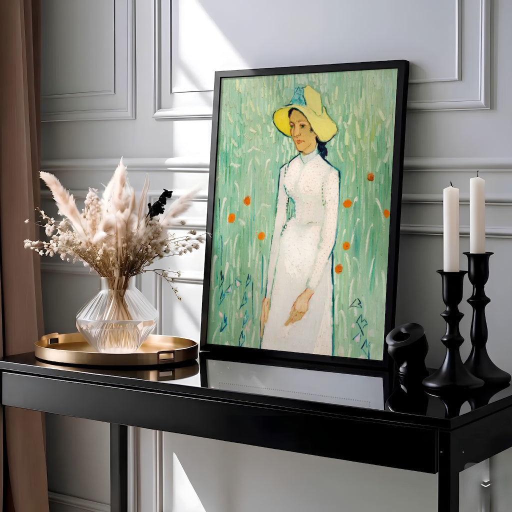 Post-impressionist portrait wall decor print of Vincent van Gogh Girl in White 1890 painted in the fields of Auvers-sur-Oise France. MapYourDreams provides elegant framed prints, unframed options, and stretched canvas art prints that bring gentle French rustic charm into modern home interiors.