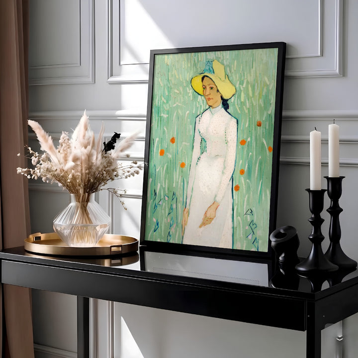 Post-impressionist portrait wall decor print of Vincent van Gogh Girl in White 1890 painted in the fields of Auvers-sur-Oise France. MapYourDreams provides elegant framed prints, unframed options, and stretched canvas art prints that bring gentle French rustic charm into modern home interiors.