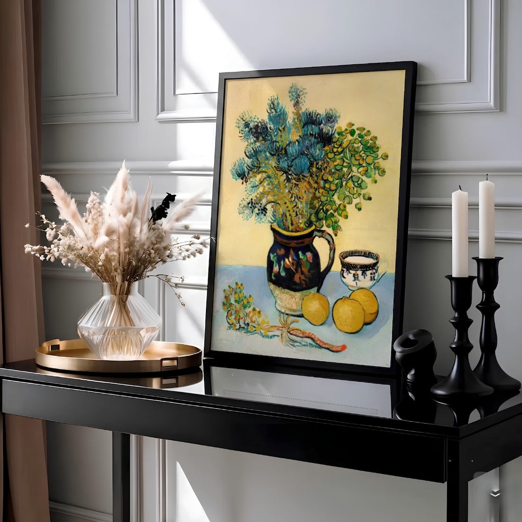 Botanical still life wall decor print of Vincent van Gogh Majolica Jar Wildflowers 1888 painted in Arles France featuring vibrant blue flowers. MapYourDreams offers elegant framed prints, unframed paper posters, and stretched canvas art prints that bring French rustic charm to dining room decor.