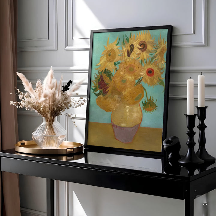 Historic Post-Impressionist oil painting print of Vincent van Gogh Sunflowers on Blue 1888 painted in Arles France. Choose an unframed fine art paper print, a textured gallery stretched canvas print, or custom framed wall decor directly from MapYourDreams to decorate your space.