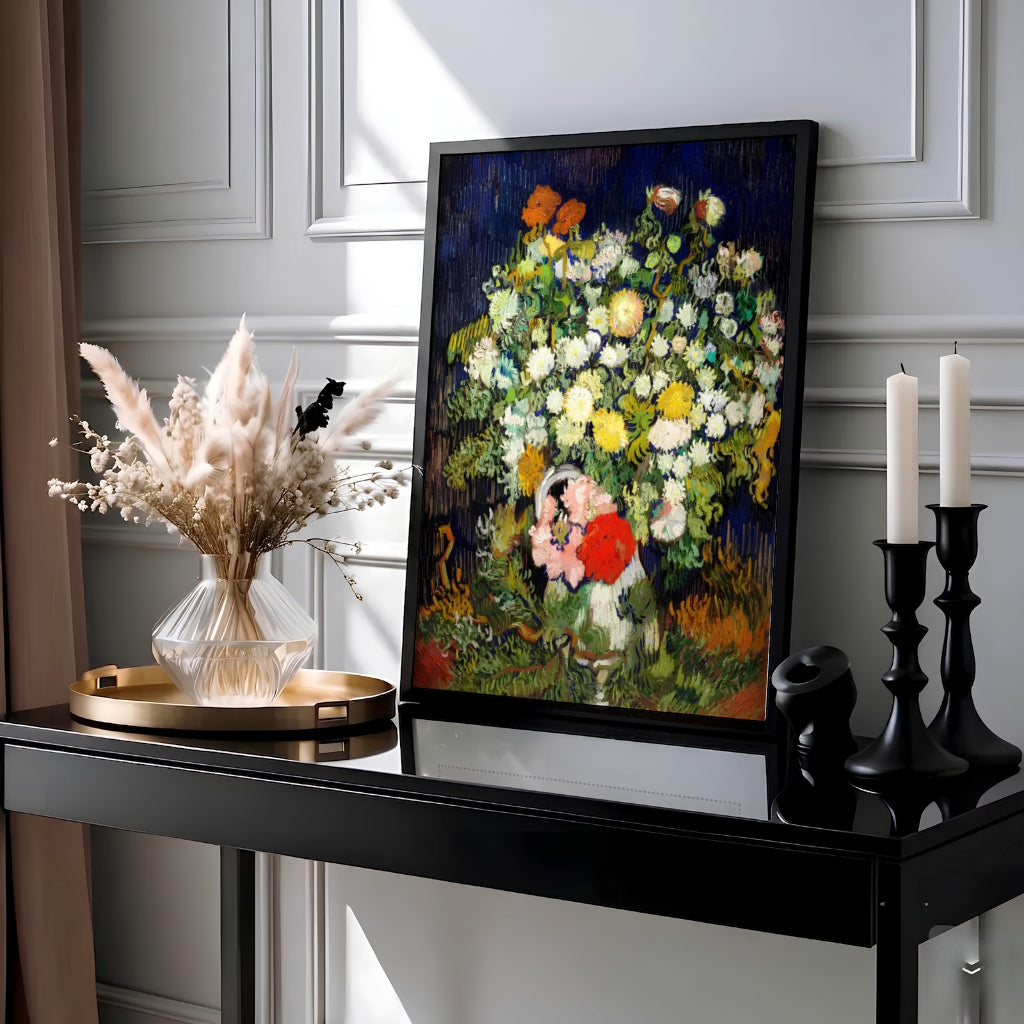 Historic Post-Impressionist oil painting print of Vincent van Gogh Vase With Flowers 1890 painted in Auvers-sur-Oise France. Choose an unframed fine art paper print, a textured gallery stretched canvas print, or custom framed wall decor directly from MapYourDreams to decorate your space.