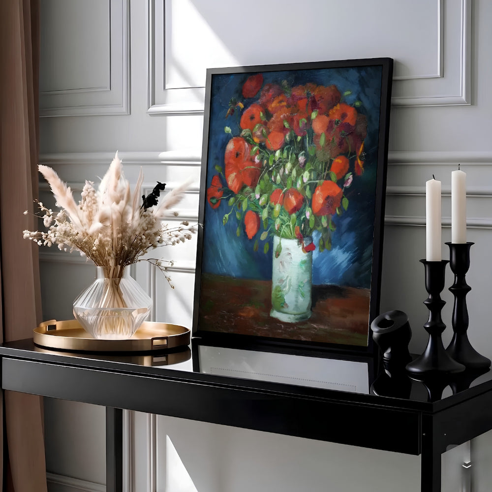 Historic Post-Impressionist oil painting print of Vincent van Gogh Vase With Red Poppies 1886 painted in Paris France. Choose an unframed fine art paper print, a textured gallery stretched canvas print, or custom framed wall decor directly from MapYourDreams to adorn your living room walls.