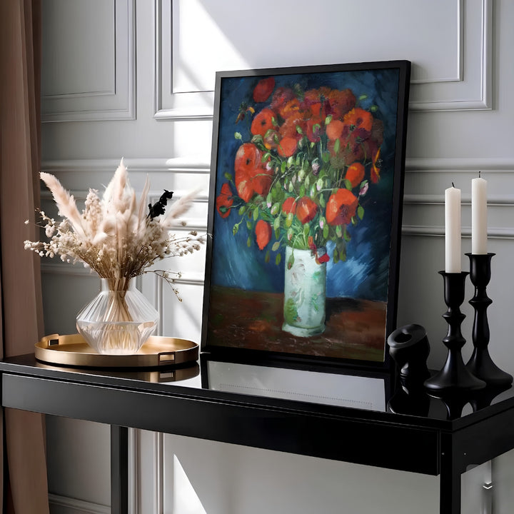 Historic Post-Impressionist oil painting print of Vincent van Gogh Vase With Red Poppies 1886 painted in Paris France. Choose an unframed fine art paper print, a textured gallery stretched canvas print, or custom framed wall decor directly from MapYourDreams to adorn your living room walls.