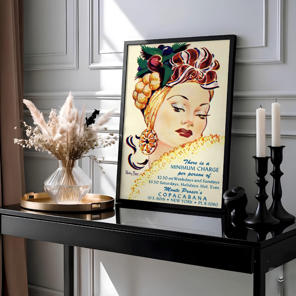 Mid-century New York cabaret art print displaying a stylish showgirl portrait on an aged cream background, crafted by MapYourDreams in choices including an unframed art print, cotton blend stretched canvas, or custom framed wall art setup for classic dining rooms and vanity spaces.