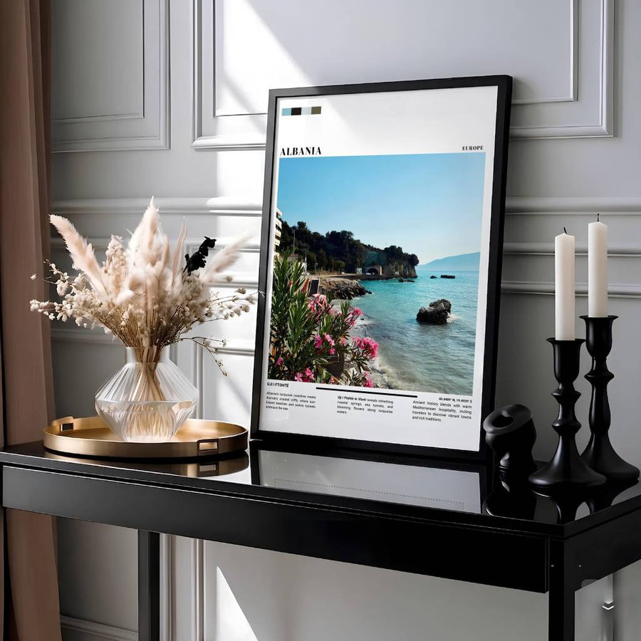 Showcasing the stunning Mediterranean beaches and coastal tunnel architecture of Vlorë Albania, this photographic print brings southern European resort elegance home. Available through MapYourDreams with display choices like unframed paper stock, custom frames, and stretched canvas options.