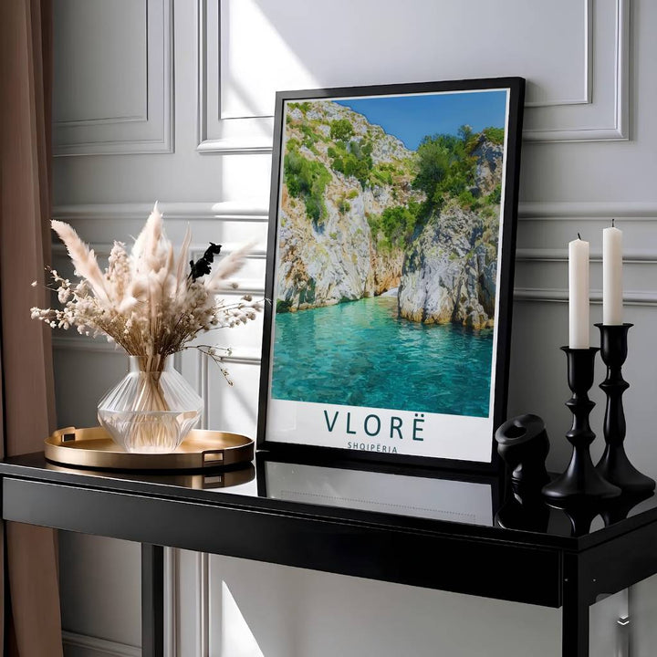 Showcasing the secluded beach and dramatic canyon panorama of Gjipe Albania, this vibrant vector travel print brings Mediterranean coastal heritage home. Available through MapYourDreams with display choices like unframed paper stock, custom frames, and stretched canvas options.