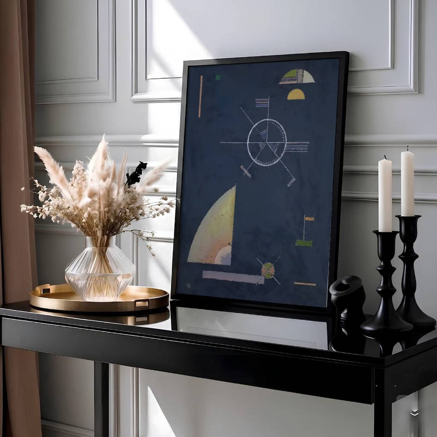 This evocative geometric print by Wassily Kandinsky highlights delicate white linear dials and floating cosmic shapes radiating musical rhythm and structural clarity within a moody pictorial field. Presented by MapYourDreams, this Wassily Kandinsky Dull Gray art piece can be selected in numerous display configurations, ranging from sleek unframed paper prints to beautifully crafted frames and premium stretched canvas wraps for modern home styling.