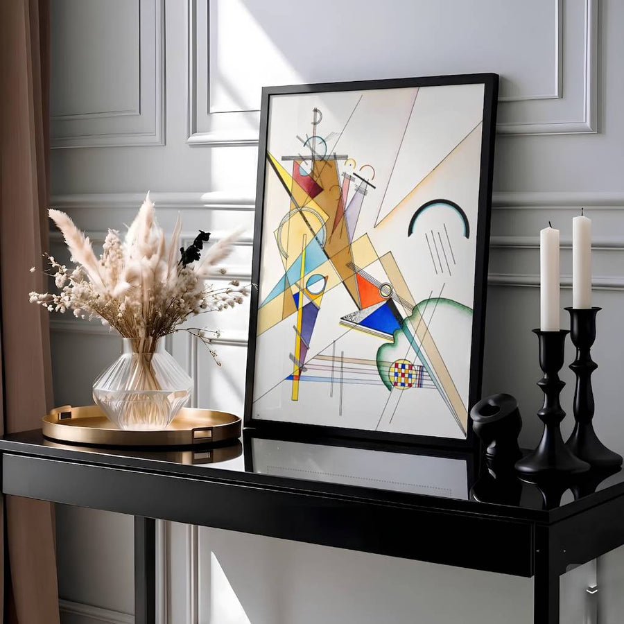 This evocative geometric print by Wassily Kandinsky highlights soaring diagonal lines and harmonious grid patterns radiating musical rhythm and structural clarity within a clean pictorial field. Presented by MapYourDreams, this Wassily Kandinsky Web Gewebe wall art piece can be selected in numerous display configurations, ranging from sleek unframed paper prints to beautifully crafted frames and premium stretched canvas wraps for modern home styling.