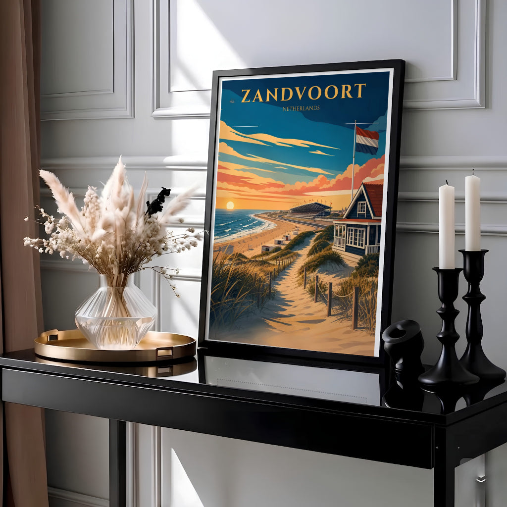 Retro travel poster depicting a blue beach house with the Dutch flag, sandy dunes, and rolling North Sea waves in Zandvoort Netherlands, created by MapYourDreams with choices available for an unframed paper print, a ready-to-hang gallery canvas, or custom framed wall art designed for offices.