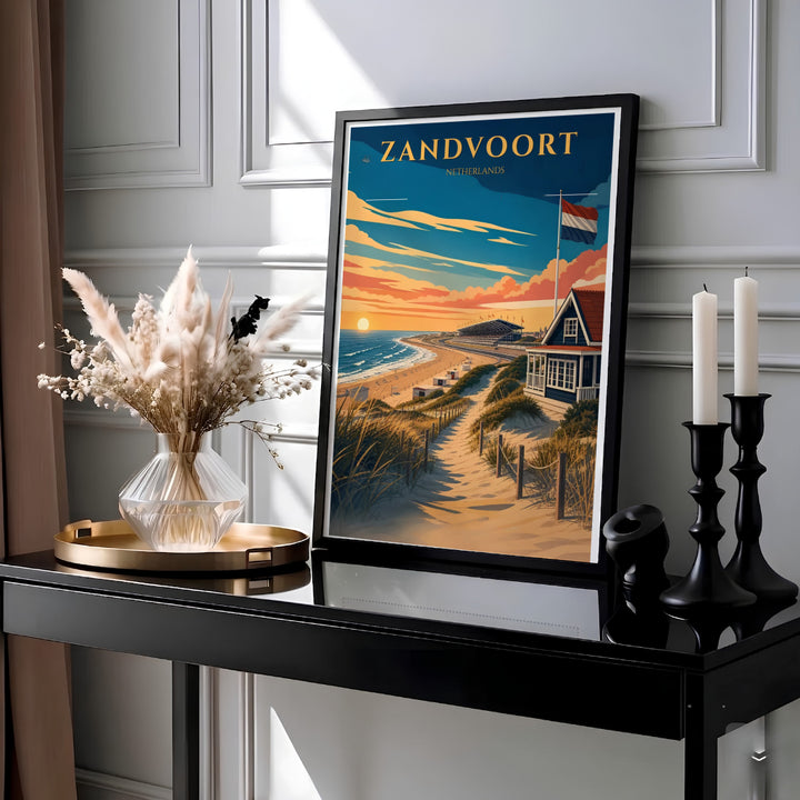 Retro travel poster depicting a blue beach house with the Dutch flag, sandy dunes, and rolling North Sea waves in Zandvoort Netherlands, created by MapYourDreams with choices available for an unframed paper print, a ready-to-hang gallery canvas, or custom framed wall art designed for offices.